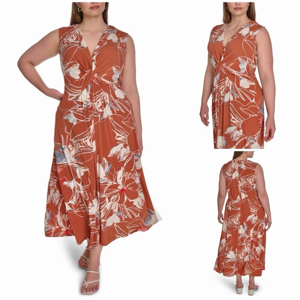 Calvin Klein Plus Size Orange Sleeveless V-Neck Jersey Floral Midi Dress 16W